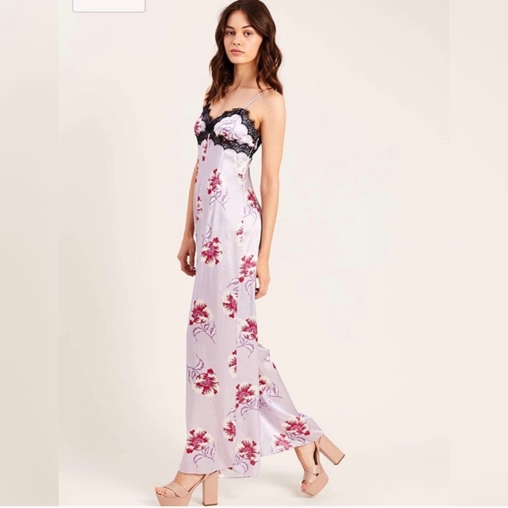 Morgan Lane Bambi Lavender Floral Silk Jumpsuit with Black Lace Trim Size Small
